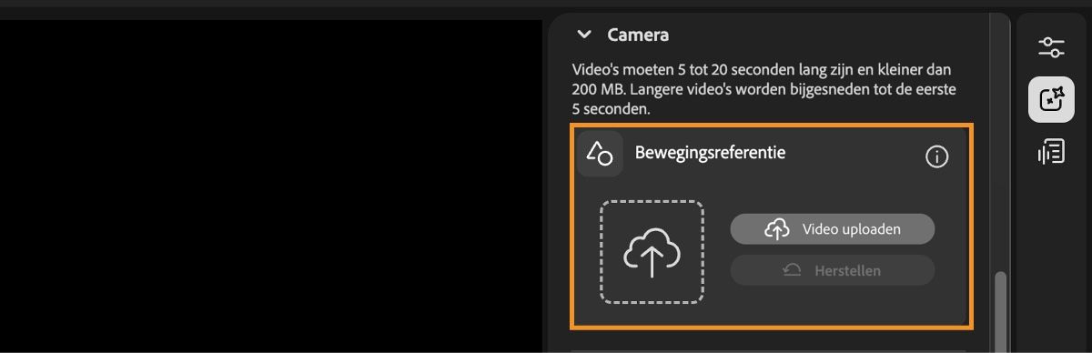Het video-editorscherm toont de instellingen van Compositie met de optie om een referentievideo te uploaden of te resetten.