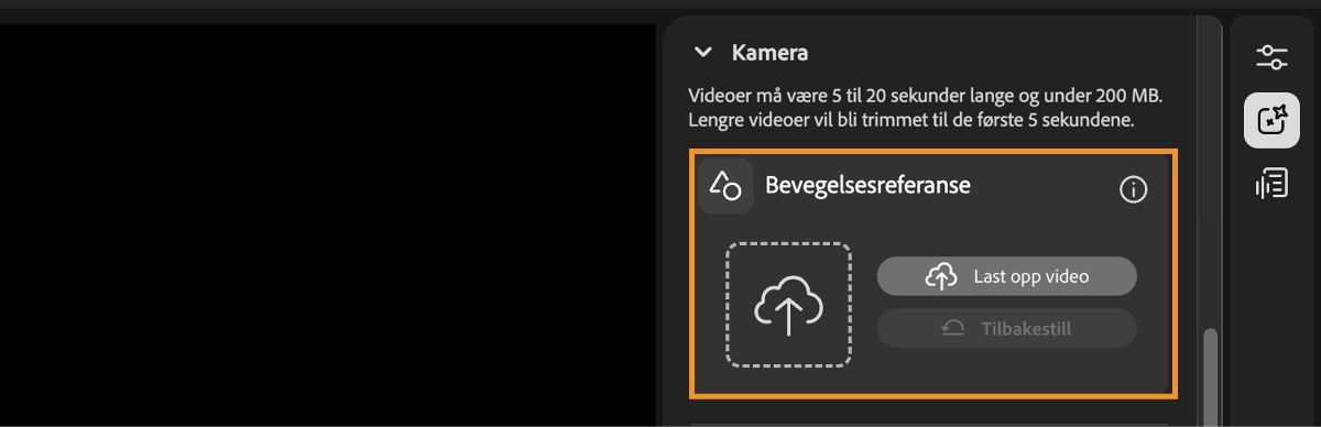 Videoredigeringsskjermbildet viser komposisjonsinnstillingene med muligheten til å laste opp en referansevideo eller tilbakestille.