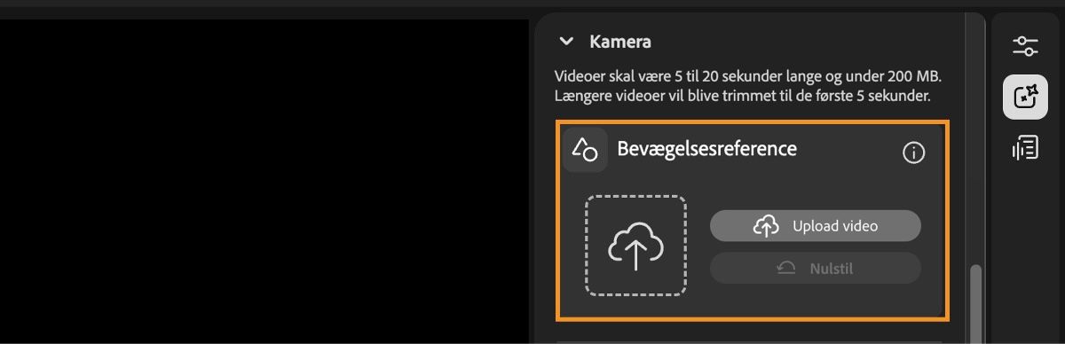 Videoeditorskærmen viser sammensætningsindstillingerne med muligheden for at uploade en referencevideo eller nulstille.