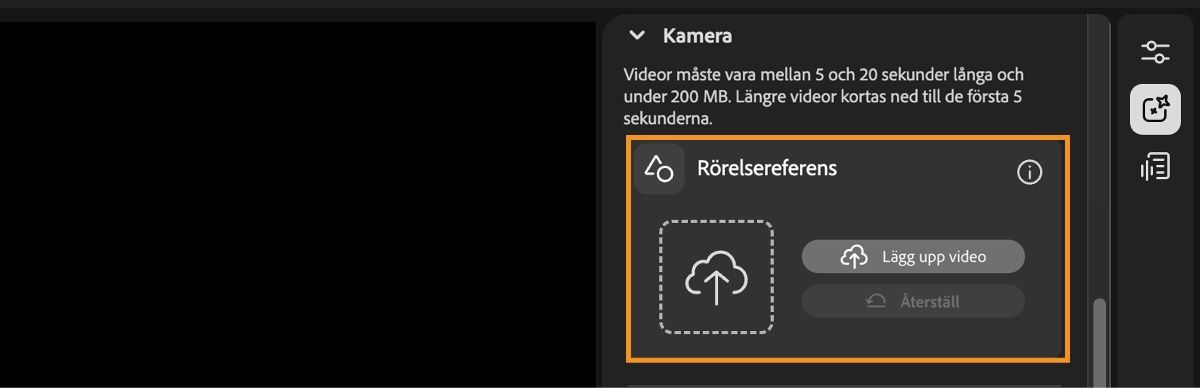 Videoredigerarskärmen visar kompositionsinställningarna med alternativet att överföra en referensvideo eller återställa.