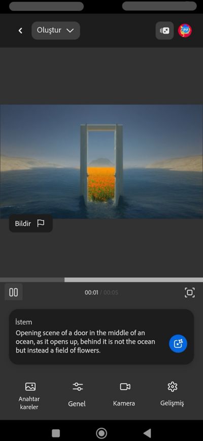 Oluştur bölümü açılır ve bir video oluşturmak için metin girmek ve Anahtar Kareler, Genel ve daha fazlası gibi ek seçenekler için bir İstem alanı sunar.