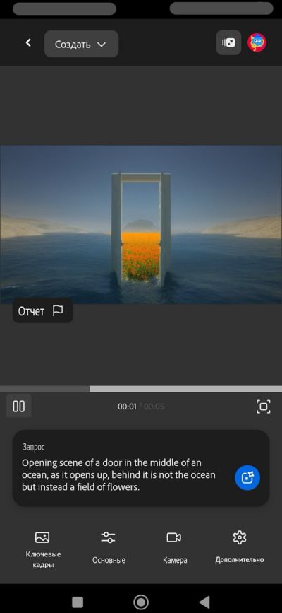 Открыт раздел «Создать», содержащий поле «Запрос», в котором вводится текст для создания видео, и дополнительные параметры, такие как «Ключевые кадры», «Общие» и другие.