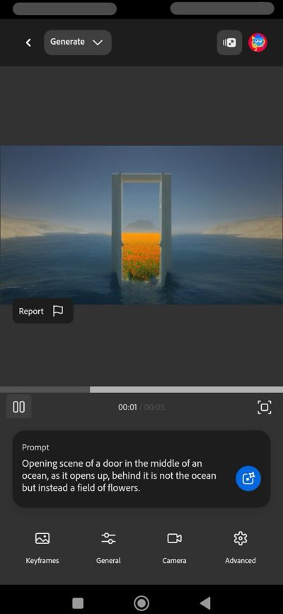 Generate section is open, presenting a Prompt field for entering text to generate a video and additional options like Keyframes, General, and more.