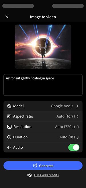 La pantalla De imagen a vídeo de Firefly muestra la configuración de Modelo, Relación de aspecto, Resolución, Duración y Audio, con Audio habilitado.
