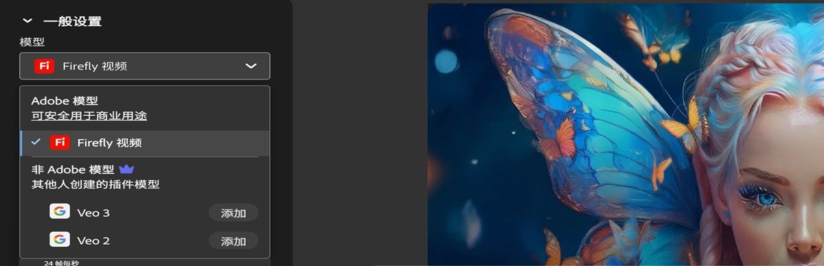在“常规设置”部分的“模型”选项下，选择“Firefly 视频”。