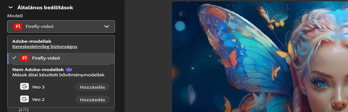 Az Általános beállítások szakaszban a Modell opció alatt a Firefly videó van kiválasztva.