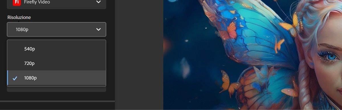 Nella sezione Risoluzione è visualizzato il menu a discesa aperto e tra le opzioni elencate è selezionata la risoluzione 1080p.