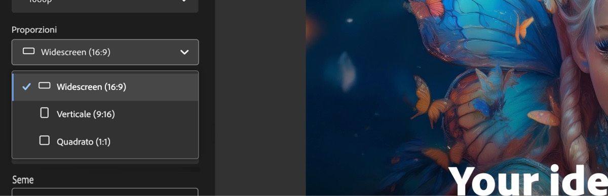 Nella sezione Proporzioni è visualizzato il menu a discesa aperto e tra le opzioni elencate è selezionato Widescreen (16:9).
