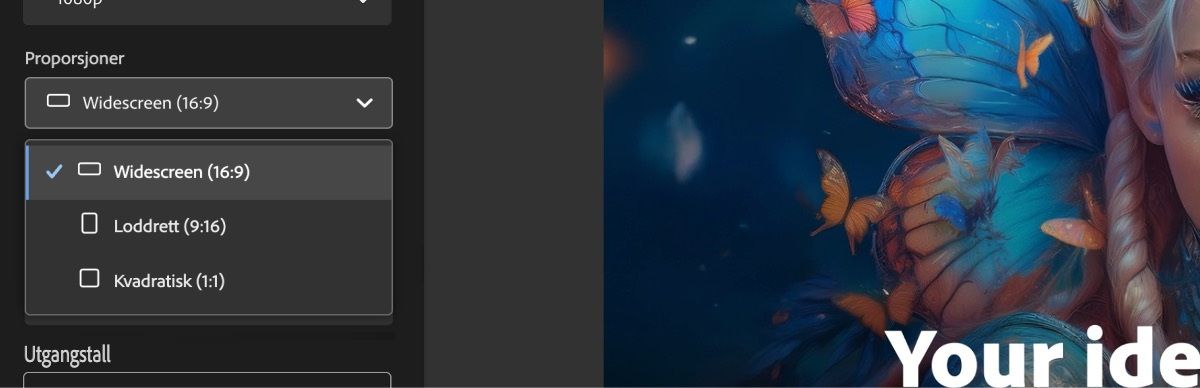 I Proporsjoner er rullegardinmenyen åpen, og blant alternativene som er oppført, er Widescreen (16:9) valgt.