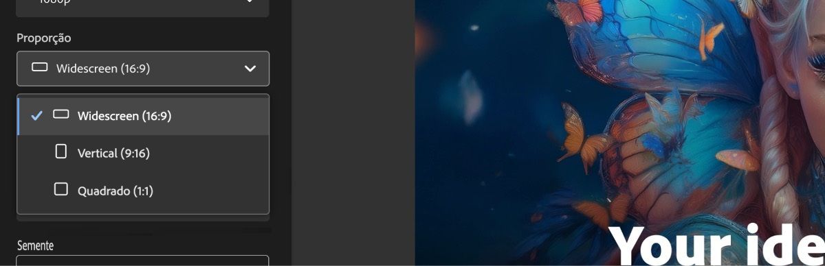 Na seção Proporção, o menu suspenso está aberto e, entre as opções listadas, Widescreen (16:9) está selecionado.