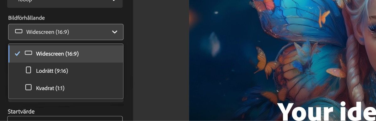 I avsnittet Bildförhållande är listrutan öppen och bland alternativen i listan är Widescreen (16:9) valt.