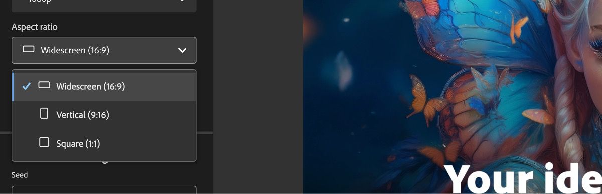 In the Aspect ratio section, the dropdown menu is open and among the options listed, Widescreen (16:9) is selected.