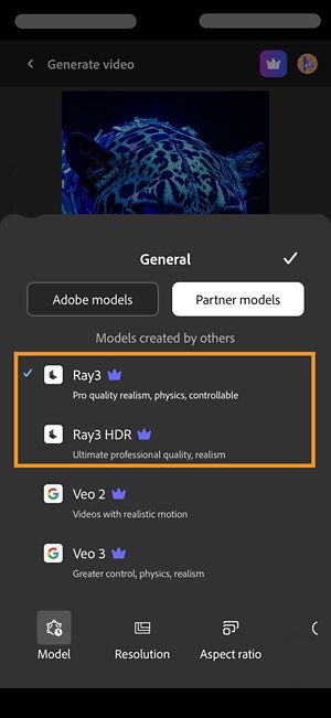 Otevřená část Obecné s vybranými modely od jiných poskytovatelů než Adobe. Ze seznamu partnerských modelů je vybráno Veo 3.