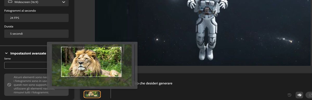 Nella sezione Fotogramma è caricata un'immagine e la barra del prompt contiene del testo.