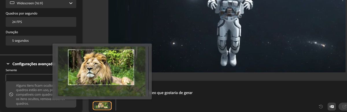 A seção Quadro exibe uma imagem enviada e a barra de prompt com um prompt adicionado.
