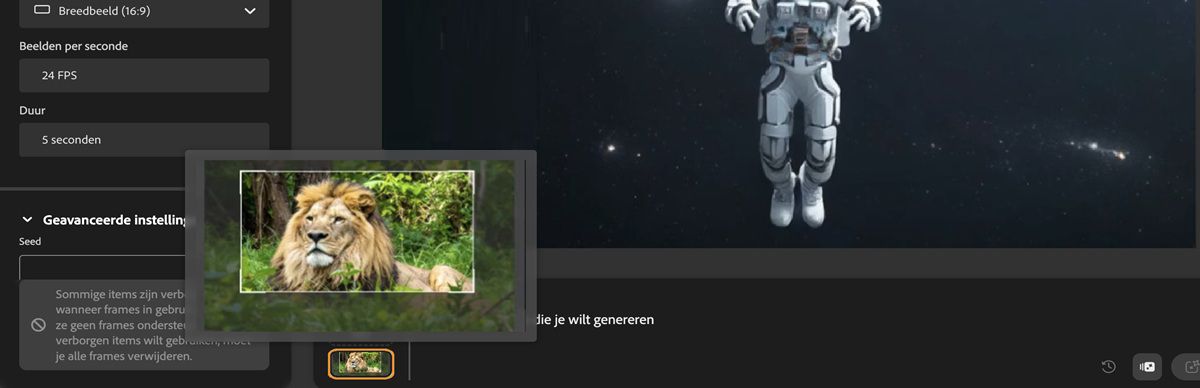 In de sectie Frame is een afbeelding geüpload en aan de opdrachtbalk is een opdracht toegevoegd.