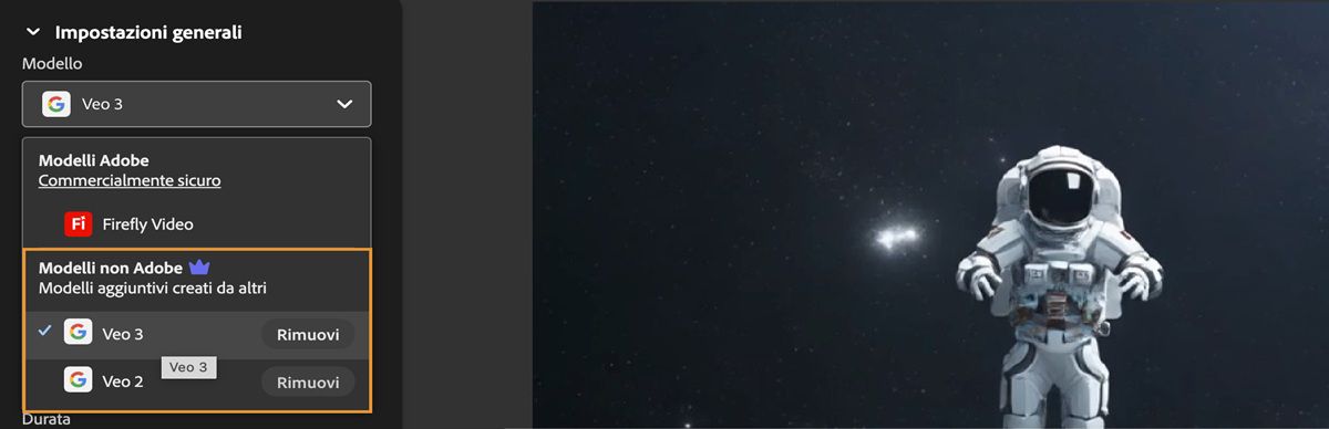 Nella sezione Impostazioni generali, il menu a discesa modello è aperto e in Modelli video non Adobe è selezionato Veo 2.