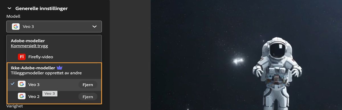 I Generelle innstillinger er Modell-rullegardinmenyen åpen, og under Ikke-Adobe-videomodeller er Veo 2 valgt.