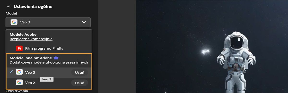 W sekcji Ustawienia ogólne otwarto menu rozwijane Model, a spośród modeli wideo twórców innych niż Adobe wybrano Veo 2.