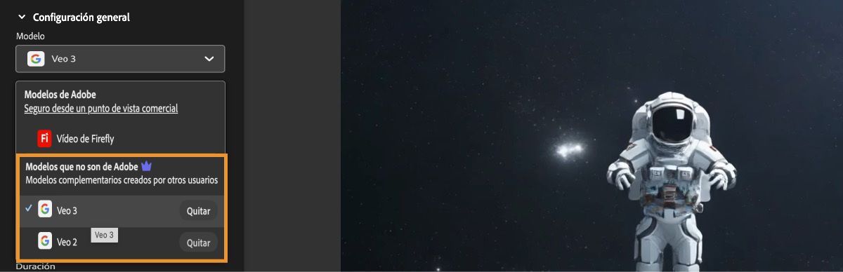 En la sección Configuración general, se abre el menú desplegable Modelo y, en modelos de vídeo que no son de Adobe, se selecciona Veo 2.