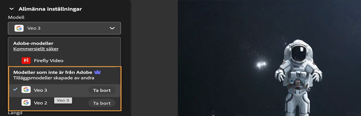 I avsnittet Allmänna inställningar är listmenyn Modell öppen och under icke-Adobe-videomodeller är Veo 2 vald.