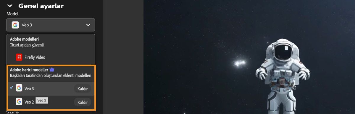 Genel ayarlar bölümünde Model açılır menüsü açılır ve Adobe harici video modelleri altında Veo 2 seçilir.