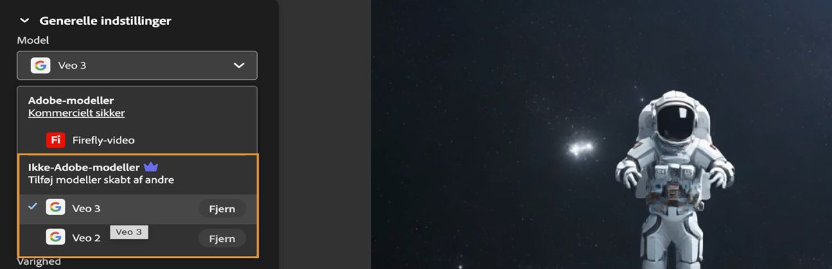 I afsnittet Generelle indstillinger åbnes rullemenuen Model, og under ikke-Adobe Video Models vælges Veo 2.