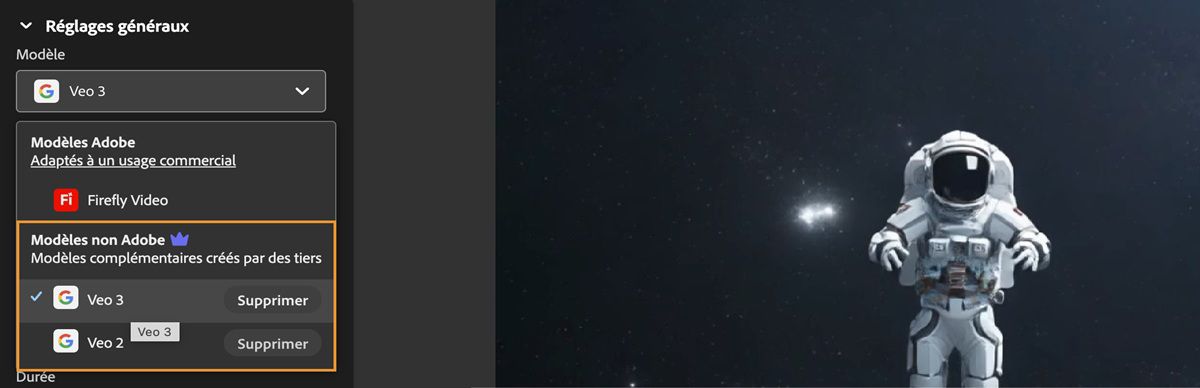 Dans la section Réglages généraux, le menu déroulant Modèle est ouvert et Veo 2 est sélectionné sous Modèles vidéo non Adobe.