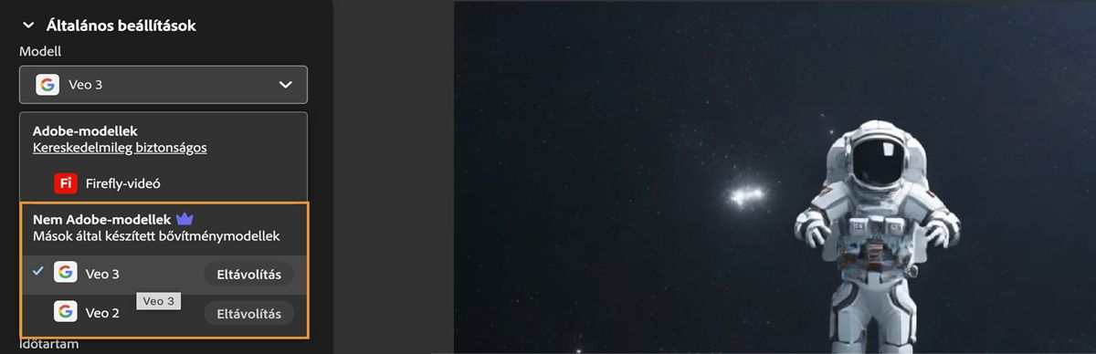 Az Általános beállítások szakaszban a Modell legördülő menü van megnyitva, és a Nem-Adobe videómodellek lehetőségnél a Veo 2 van kiválasztva.