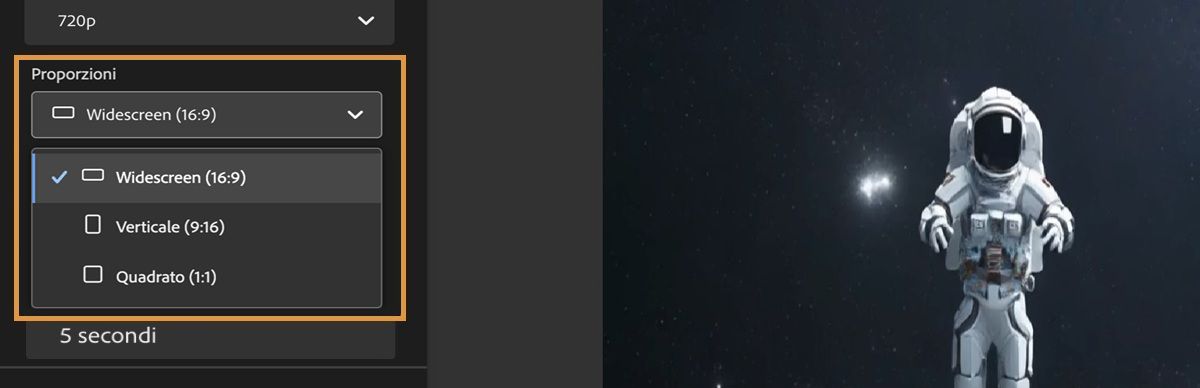 Nella sezione Proporzioni è visualizzato il menu a discesa aperto e tra le opzioni elencate è selezionato Widescreen (16:9).