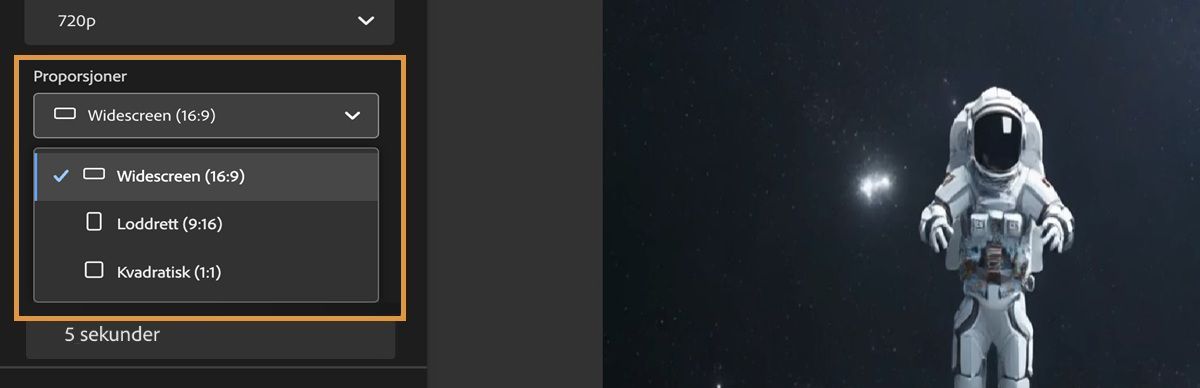 I Proporsjoner er rullegardinmenyen åpen, og blant alternativene som er oppført, er Widescreen (16:9) valgt.