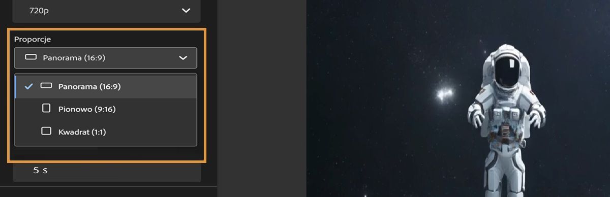 W sekcji Proporcje otwarto menu rozwijane i wybrano Panoramiczny (16:9) z listy opcji.