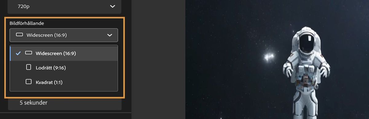 I avsnittet Bildförhållande är listrutan öppen och bland alternativen i listan är Widescreen (16:9) valt.