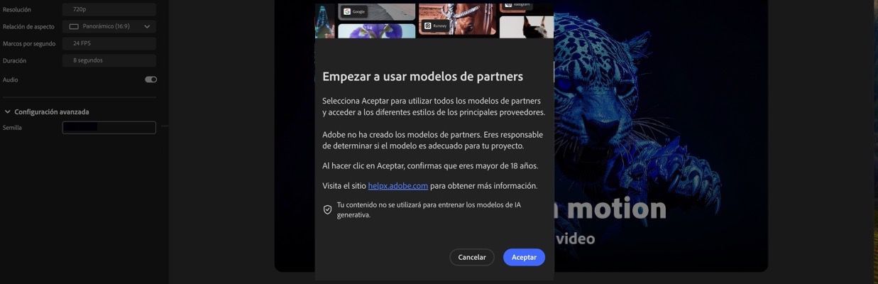 La opción Empezar a usar modelos de partners está disponible, y tiene puede elegir entre continuar y cancelar.