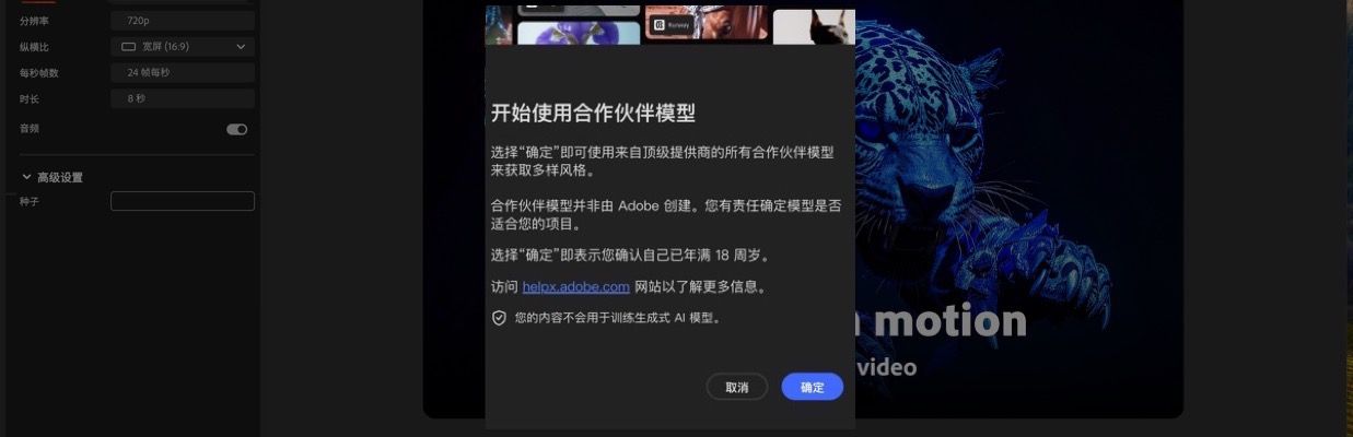 开始使用合作伙伴模型的对话框已打开，您可以选择继续或取消。