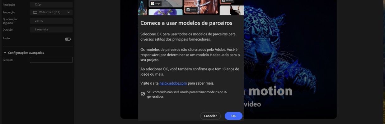 A opção Começar usando modelos de parceiros está aberta e você pode continuar ou cancelar.