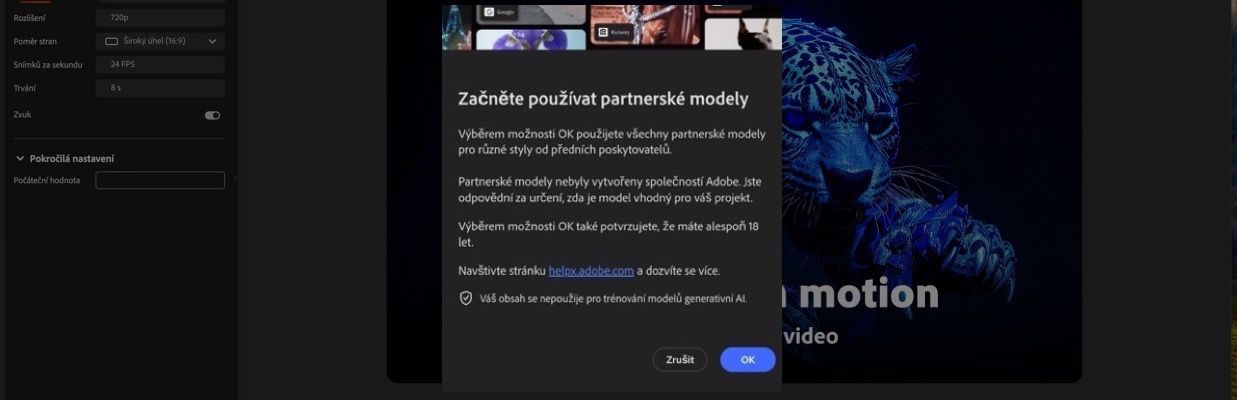 Zahájení používání partnerských modelů je otevřené a máte možnost pokračovat nebo zrušit.