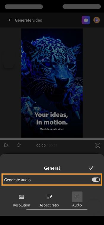 L’opzione Generale è aperta e Audio è selezionato. L’opzione Genera audio è abilitata, il che significa che il video verrà generato con audio corrispondente.