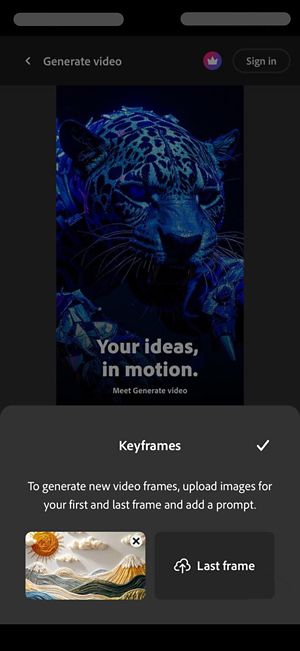 Die Option „Frame“ ist geöffnet, sodass du ein Bild hochladen kannst, das als erster Frame des generierten Videos verwendet werden soll.