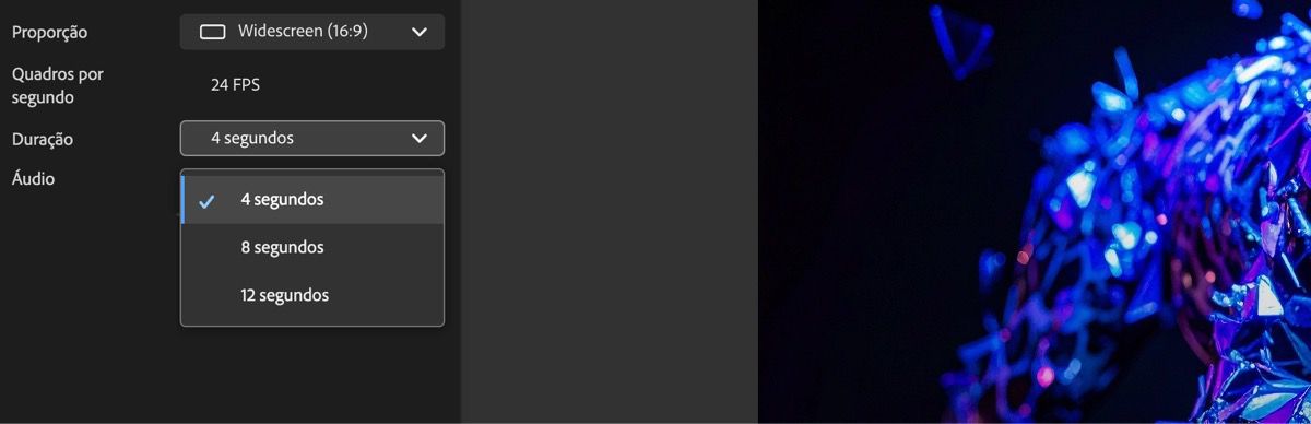 O menu suspenso Duração está aberto e há duas opções para escolher - 5 segundos ou 10 segundos.