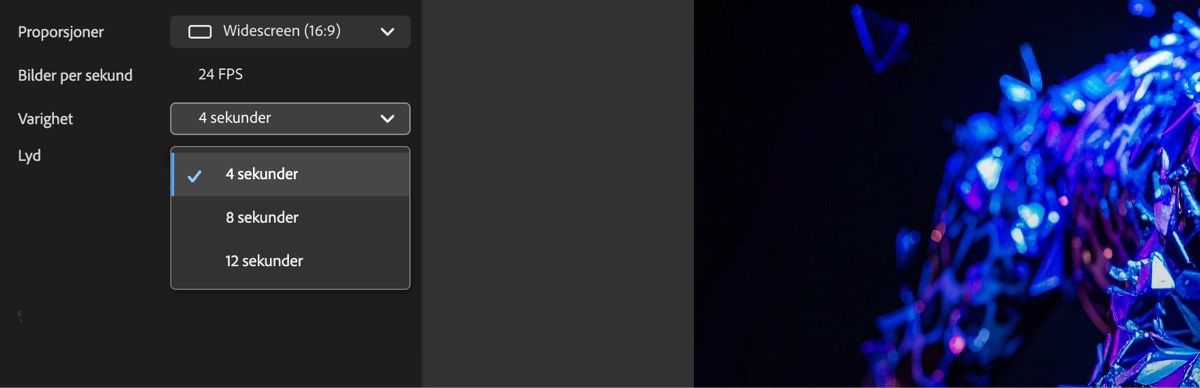 Varighet-rullegardinmenyen er åpen, og det er to alternativer å velge mellom – 5 sekunder og 10 sekunder.