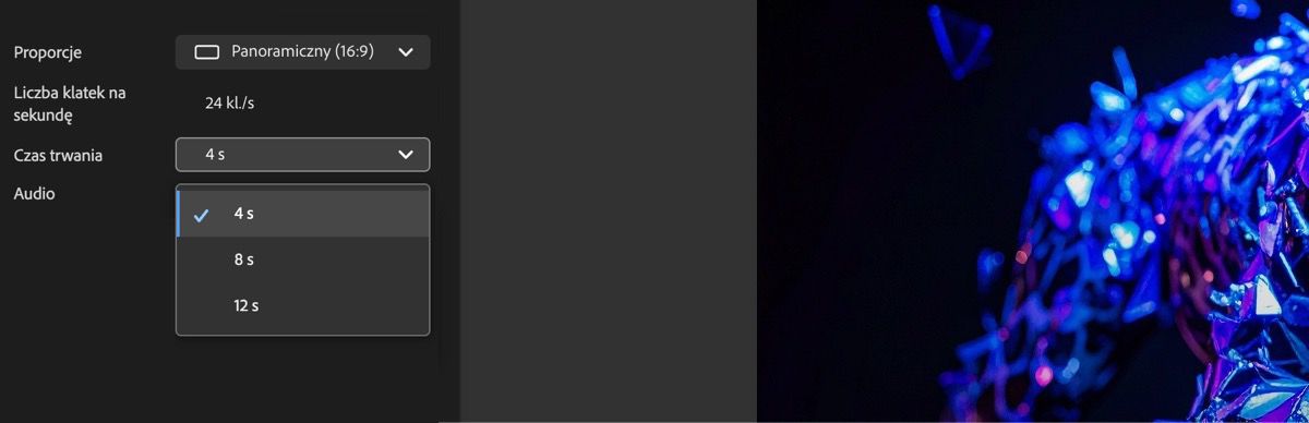 Otwarte menu rozwijane Czas trwania z dostępnymi dwiema opcjami: 5 sekund i 10 sekund.