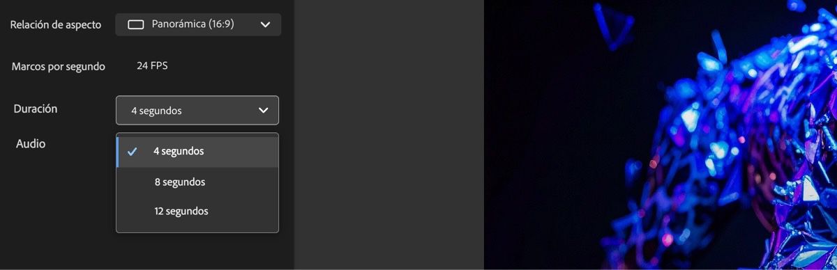 El menú desplegable Duración está abierto y hay dos opciones para elegir: 5 o 10 segundos.