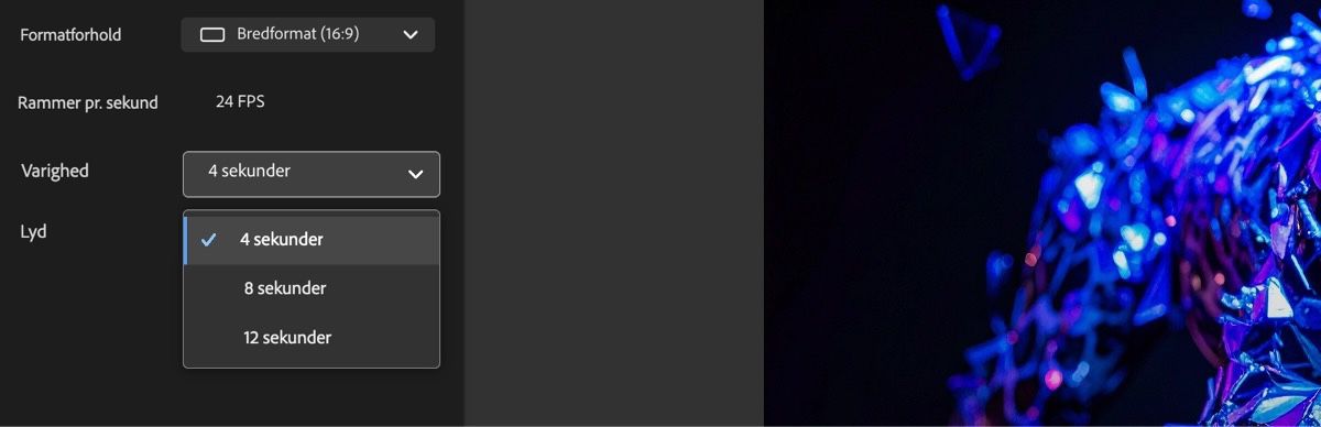 Rullemenuen Varighed er åben, og der er to muligheder at vælge imellem – 5 sekunder eller 10 sekunder.