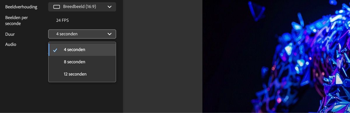 Het vervolgkeuzemenu Tijdsduur is geopend en er zijn twee opties om uit te kiezen: 5 seconden en 10 seconden.