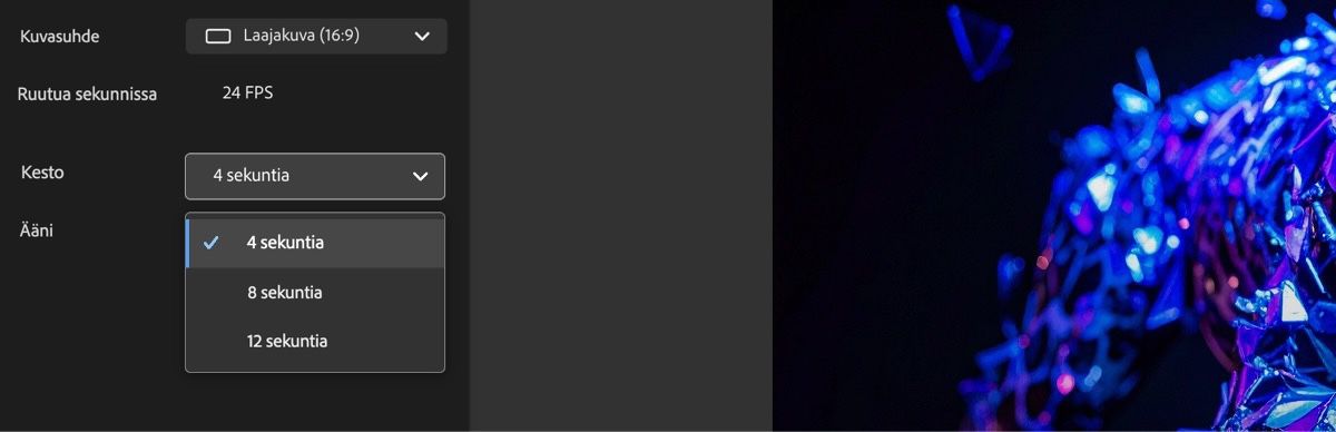 Avattava Kesto-valikko on auki ja valittavana on kaksi vaihtoehtoa – 5 sekuntia tai 10 sekuntia.