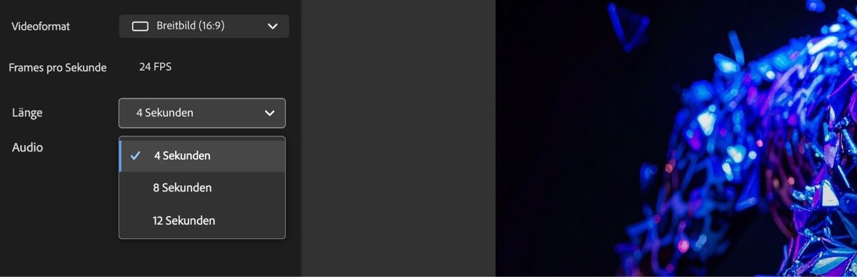 Das Dropdown-Menü „Dauer“ ist geöffnet und es stehen zwei Optionen zur Auswahl: „5 Sekunden“ und „10 Sekunden“.