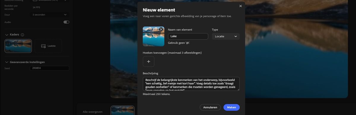 Deelvenster Nieuw element met velden voor naam, type, referentieafbeelding, hoeken en beschrijvingsinvoer.