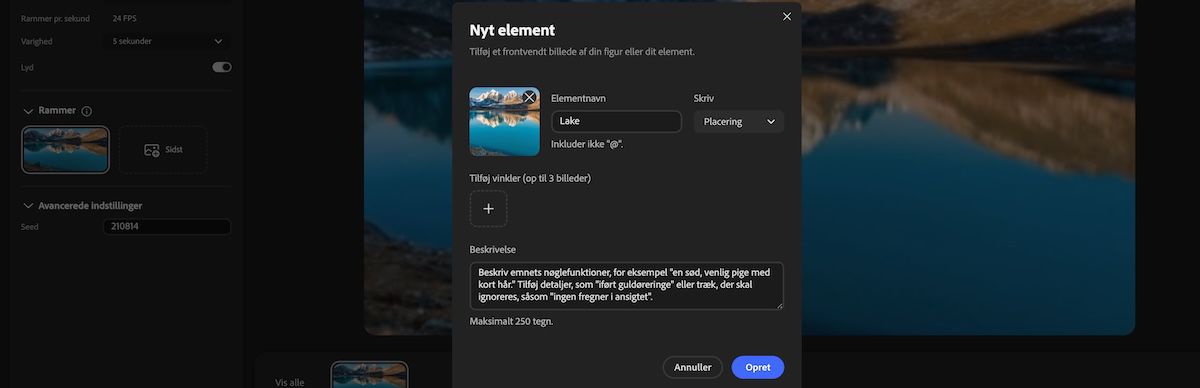Panelet Nyt Element med felter til navn, type, referencebillede, vinkler og beskrivelsesindtastning.