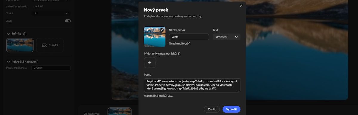 Panel Nový prvek s poli pro název, typ, referenční obrázek, úhly a zadání popisu.